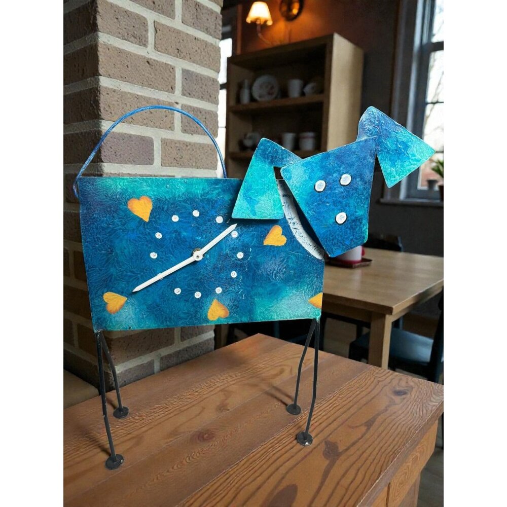 Handcrafted Dog-Shaped Table Clock With Blue & Green Metal Body